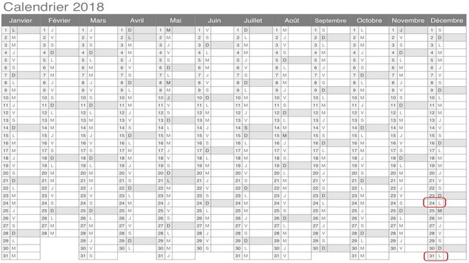 Calendrier des jours chômés 2018